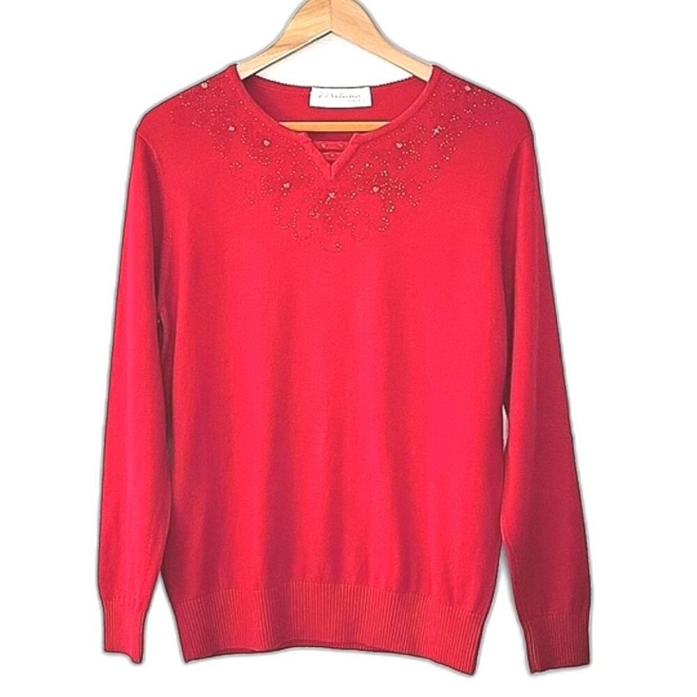 MILANA Red Long Sleeve Crewneck Sweater Wool Cashmere Holiday Festive Beaded